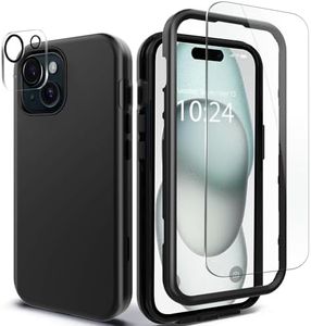 Coolwee Full Body Protective Hybrid 3 in 1 Rugged for Apple iPhone 15, 6.1 inch, Heavy Duty Shockproof Military Grade Protection Men Women Cover with Glass Screen Protector, Camera Protector, Black