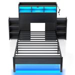 Rolanstar Bed Frame Twin Size with Bookcase Storage Headboard, Slide Out Bedside Storage Table, Bed with Charging Station & LED Lights, Heavy Duty Metal Slats, No Box Spring Needed, Noise Free, Black