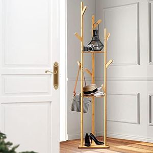 Furb Coat Rack Stand with Shelf, Free Standing Hat Rack Stand, Heavy Duty Coat Hanger Stand, Bamboo Hat Tree Stand with 9 Hooks (White)