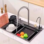 Gem Waterfall Sink, 30X18X9 Inch Black Multifunction Kitchen Sink with Anti Scratch Honeycomb Design | Pull Out Faucet and Integrated Waterfall Sink with Automatic Cup Washer, Ro Tape, Soap Dispenser