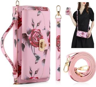 REEGINCH Crossbody Wallet Case for iPhone 15 Pro Max, Magnetic Detachable Floral PU Leather Phone Case with RFID Blocking Card Holder Wristlet Mirror Flip Zipper Shoulder Purse Bag for Women, Pink