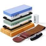 S SATC 8PCS Knife Sharpening Stone Kit,Whetstone Knife Sharpener with Non-slip Bamboo Base,Include 400/1000/3000/8000 Grit, Flattening Stone, Angle Guide, Leather Strop and Cut Resistant Gloves