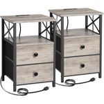 AMHANCIBLE Night Stand Set 2, Nightstand with Charging Station, End Tables Living Room with USB Ports and Outlets, Bedside Table with Fabric Drawers for Bedroom, Greige HET05XGY