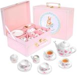 Jewelkeeper Porcelain Tea Set for Little Girls Ages 3 and Above - 13-Piece Mini Toddler Tea Set with Pink Picnic Basket - Real Tea Cups, Teapot, Saucers - Floral Design - Children Play Tea Set