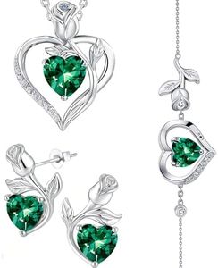 JACUPO Rose Heart Necklace Earrings Bracelet Set Moissanite/Lab-Grown Sapphire/Ruby Options S925 Silver Plated 18K White Gold Engraved I LOVE YOU Ideal for Mother's Day Proposal Gift for Girlfriend Wife (Necklace 1.2CT / Earrings 0.8CT)