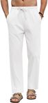 COOFANDY Men's Linen Casual Pants Elastic Waist Beach Pants Lightweight Drawstring Summer Yoga Pants White