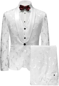 Wemaliyzd Men's 3 Pieces Jacquard Wedding Suit Classic Fit Patterned Blazer Vest Pants FZ004-SPV(White,50R)