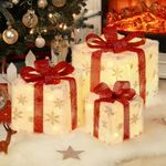 Christmas Lighted Gift Boxes, 3 PCS Large Outdoor Indoor Christmas Decorations with Remote Control, USB Plug in Under Christmas Tree Valet Snowflake Present with Bows, Xmas Decor for Home Porch Lawn