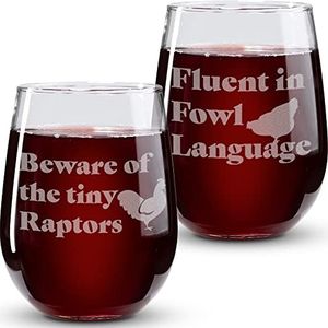 Funny Chicken Gifts for Chicken Lovers - “Beware of the Tiny Raptors” “Fluent in Fowl Language” 17Oz 2PC Stemless Wine Glass Set - Funny Chicken Glasses - Chicken Gifts for Women - Chicken Tumbler