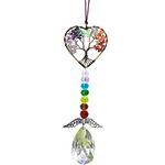 Healing Crystals Decor Tree of Life Car Hanging Accessories Suncatcher with Wings 7 Chakras Window Hanging Decor Meditation Ornaments Home Decoration (colorful heart)