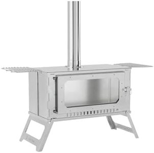 Festisoul Foldable Stainless Steel Wood Burning Stove, Portable Hot Tent Stove for Camping with View Glass, 5 Chimney Pipes and 3 Shelfs, Outdoor Shelter Heating and Cooking for Camping, Hunting