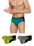 XYXX Men's Underwear Dualist IntelliSoft Antimicrobial Micro Modal Brief Pack of 3 (Steel Grey & Black;Navigate & Black Iris;Lime Punch & Black; M)