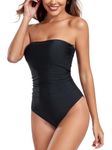 RELLECIGA Women's Black Removable Straps Bandeau One Piece Swimsuit Ruched Bathing Suits for Women Size X-Large