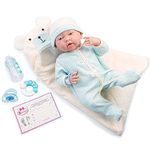 JC TOYS - La Newborn 38 cm Newborn Doll, Soft Body, Includes Romper, Soft Bear Blanket with Hood and 4 Accessories, Blue, Designed in Spain by Berenguer, 2 Years