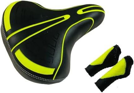Shrenik Bicycle Seat Cycle Grip Handle Combo || Soft PU Form Complete Wide Saddle || Non Toxic Soft Grip Set 12.5cm Length || MTB Mountain City Bikes Senior/Junior Black-Green Color