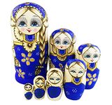 Set of 7 Blue Cute Little Girl with Big Braid Handmade Matryoshka Dolls Russian Nesting Dolls Wooden Kids Gifts Toy Gift Christmas Birthday New Year Present Home Decoration