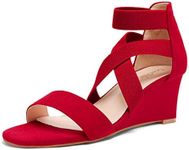 DREAM PAIRS Women's Elastic Ankle Strap Low Wedge Sandals Comfortable Dressy Sandals for Summer,Size 8.5,Red,INNIS-1