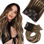 Moresoo Clip in Hair Extensions Ombre Human Hair Extensions Clip in Balayage Dark Brown with Strawberry Blonde Double Weft Clip in Human Hair Extensions 18Inch 7 Pieces 120G