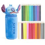 Disney Stitch Pencil Case with 48 Colouring Pencils Included - Kids Baby Yoda Plush Filled Pencil Case - Gifts for Kids (Blue Stitch)