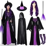 Hercicy 7 Pcs Adult Women Halloween Witch Costume Set Hood Cloak Dress Choker Broom Striped High Socks Wizard Hat Wig