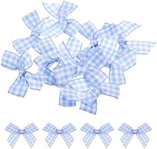 MECCANIXITY 10Pcs Mini Gingham Ribbon Bow, 1.5" Light Blue and White Polyester, Classic Pattern, Multiple Occasions