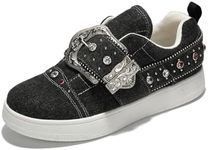 Cape Robbin Denim Platform Sneakers for Women - Buckle Platform Shoes for Women Denim Boots Rhinestone Shoes (Audra) - Black Size 8