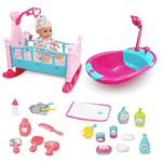 RedCrab 2-in-1 Baby Doll Toys 12" Newborn Doll Bath and Bed Play Set - shaker and Bathtub with Shower Spray and 25pcs Accessories for Girls Pretend Play,Toy Gift Set for 3+ Year Old Kids