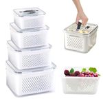 YapitHome 4 Set of Fridge Storage Fruit Vegetable Storage with Drain Baskets Multifunctional Plastic Fridge Organizer Sets with Lids and Handles for Picnic Party Travel Kitchen