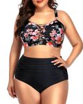 Daci Women Plus Size Two Piece Bikini Swimsuit High Waisted Tummy Control Bottom Bandeau Lace Up Bathing Suit, Black and Flower, X-Large