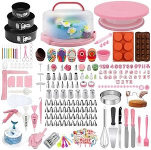 Gawren-H&E Cake Decorating Supplies Kit, 678 PCS Cake Decorating Kit & Cake Baking Suppplies set with Cake Carrier,3 Springform Pans Set,Piping Bags and Tips Set,Chocolate Molds,Cake Stand for Baking