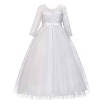 IMEKIS Girl Floor Length Pageant Bridesmaid Dress Tulle Flower Girl Ball Gown Solid Plain Color Floral Lace Puffy Tulle Tutu Dresses Vintage Boho Dress Ivory 7-8 Years