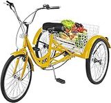 VEVOR Adult Tricycle Single 7 Speed Three Wheel Bike Cruise Bike 24inch Seat Adjustable Trike with Bell, Brake System and Basket Cruiser Bicycles Size for Shopping