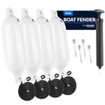 Five Oceans Inflatable Ribbed Boat Fender Bumper | 3/8 inches Lines with Integrated Needle Valve and 4 Needles | 4-Pack (White, 4 in x 16 in)