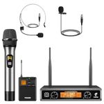 TONOR Wireless Microphones System with Metal Cordless UHF Handheld/Headset/Lapel Lavalier Mics, Bodypack Transmitter, Receiver, 2*15 Channels 200ft Range for Karaoke Church Singing Party PA DJ Speaker