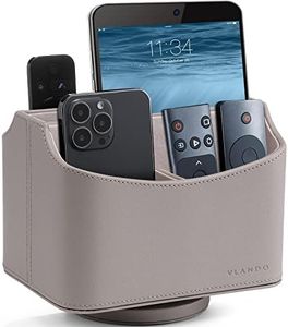 Vlando Remote Control Holder 360 Degrees Rotatable - PU Leather Desk Supply Organizer - 5 Compartments Desktop Storage Caddy Fits for Media Player, Bedside TV Caddy, E-reader, Phone, Pencil (Grey)