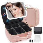 Travel Makeup Bag Cosmetic Organizer Bag with Large Magnetic Removable Lighted Mirror, Makeup Case with Mirror and Lights 3-Color Modes Adjustable Brightness 360° Angle, Makeup Travel Train Case Gift, Pink