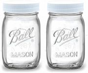 Regular Mouth Mason Jars 16 oz - (2 Pack) - Ball Regular Mouth 16-Ounces Pint Mason Jars with White M.E.M Food Storage Plastic Lids - For Storage, Freezing - Leak Proof, Microwave & Diswasher Safe