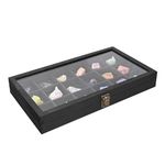 MOOCA Wooden Jewelry Display Case with Tempered Glass Lid & 18 Compartments Tray, Rock Collection Box, Crystal Display Case, Black Color