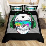 Music Skull Bedding Sets Double Size, White Stripes Duvet Cover, Punk Rock Headphones Skull Comforter Cover for Kid Teens Boys Girls, Modern Style Bedroom 3 Pcs Bedding Set with 2 Pillow Shams