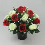 Just Because Flowers Artificial Grave Flower Arrangement in Grave Pot with Red and Ivory Roses, 25cm