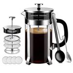 French Press Coffee Maker - Premium 8 Cup 34-Ounce No Grounds Coffee Tea Maker - 4 Level Filtration System & 2 Spoons for Measuring and Mixing Heat-Resistant Borosilicate Glass - Silver