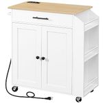 HOOBRO Kitchen Island with Power Outlet, Kitchen Storage Island with Spice Rack and Drawer, Rolling Kitchen Cart on Wheels, for Home, Kitchen and Dining Room, White and Natural WN82UZD01G1