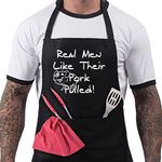 BBQ Aprons for Men, Funny Cooking BBQ Apron in 100% Cotton, Adjustable with 2 Pockets, Birthday, Christmas, Cooking Gifts for dad, chef, husband, him - Real Men Like Their Pork - Black