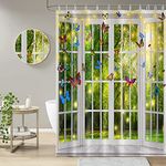 Uiiooazy Butterflies Shower Curtain for Bathroom Green Trees Forest Park Bathtub Decor Curtain White Window Lights Polyester Fabric Shower Curtains for Boy Girl 72x72 inches with Hooks