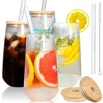 18oz Vintage Ribbed Drinking Glasses Cups Set of 4, Ribbed Glassware with Bamboo Lid and Straws,Water Glasses for Juice, Beer, Coffee, Tea and Cocktail (Clear (4Pcs))