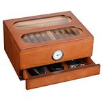 COOL KNIGHT Cigar Humidor with Front Hygrometer, Humidifier and Accessory Drawers-Tempered Glass Top Cigar Humidor Box - Spanish Cedar Humidor-Desktop Humidor That can Hold 20-35 Cigars.