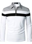 HOOD CREW Men’s Casual Long Sleeve Polo Shirts Fashion Color Patchwork Zipper T-Shirts White L