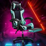 Furb Gaming Chair with 2-Point Massage Lumbar Cushion and Footrest, Ergonomic Executive Office Chair PU Leather Computer Chair with Adjustable Headrest and 135°Recline, Black+Cyan