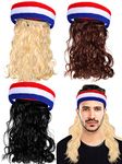 Giegxin 3 Pcs Mullet Wig for Men 4th of July Headband Patriotic USA Headband Red White and Blue Accessories Independence Day Wigs American Flag Sports Striped Sweatbands, Blonde, Brown, Black