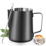 Milk Frothing Pitcher - 12oz/350ml Milk Frother Cup Stainless Steel Jug Steaming Pitcher, Milk Coffee Cappuccino Latte Art Barista Steam Pitchers Milk Jug Cup with Decorating Pen【Black】